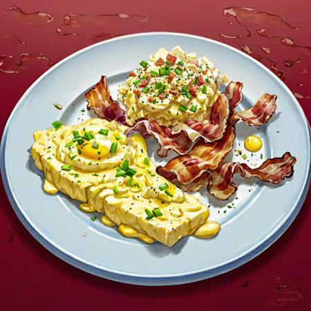 scrambled eggs and bacon, stylized foods, art by fod5tle <lora:stylized foods-000020:0.6>