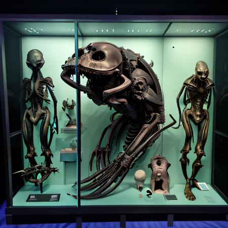 antixdisplay, alien remains in a glass box display, 8k uhd, 4k intricate complex highly detailed, ray traced