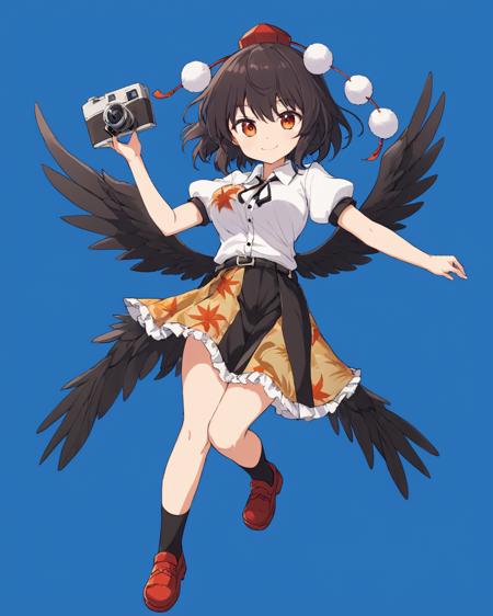 shameimaru aya,1girl, solo, tokin_hat, white_shirt, pom_pom_\(clothes\), black_skirt, blue_background, black_wings, red_headwear, tengu-geta, red_footwear, feathered_wings, simple_background, frilled_skirt, puffy_short_sleeves, collared_shirt, black_ribbon, closed_mouth, black_socks, smile, looking_at_viewer, black_belt, feathers, breasts, holding_camera, bird_wings, leaf_print
<lora:shameimaru_aya_image5713_2023-12-20-000004:1>,star-shaped_pupils,symbol-shaped_pupils,. gorgeous,key visual, vibrant, studio anime,award-winning, professional, highly detailed,high budget, cinemascope