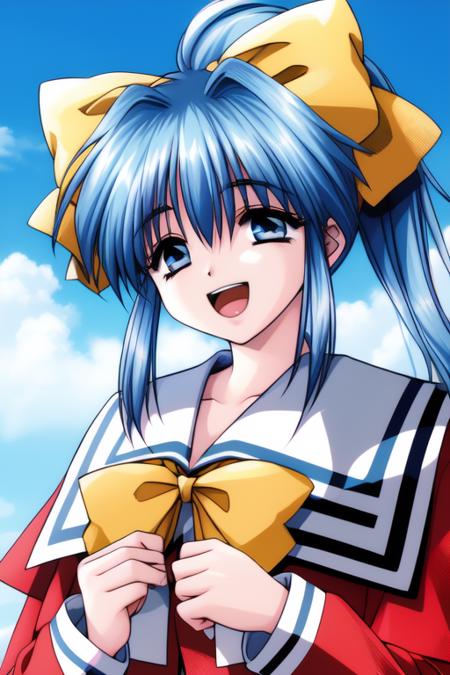 <lora:Akumu95_AoiKajitsunoSange:0.8>,akumu, 1girl, solo, blue hair, long hair, school uniform, ponytail, long sleeves, open mouth, bow, skirt, holding, empty eyes, looking at viewer, sidelocks, hair bow,
smile, blue sky, 
1990s \(style\), masterpiece, high quality, very_high_resolution, large_filesize, full color,