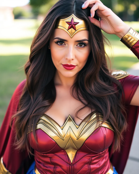 photoshoot of Ola Nowak, female, woman, solo, wonder woman costume, outdoor setting, extreme close up shot.