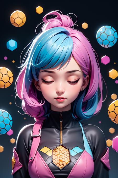 masterpiece,best quality,1girl,closed eyes,upper body,splashing,abstract,psychedelic,neon,(honeycomb pattern),(creative:1.3),sy3,SMM,fantasy00d,