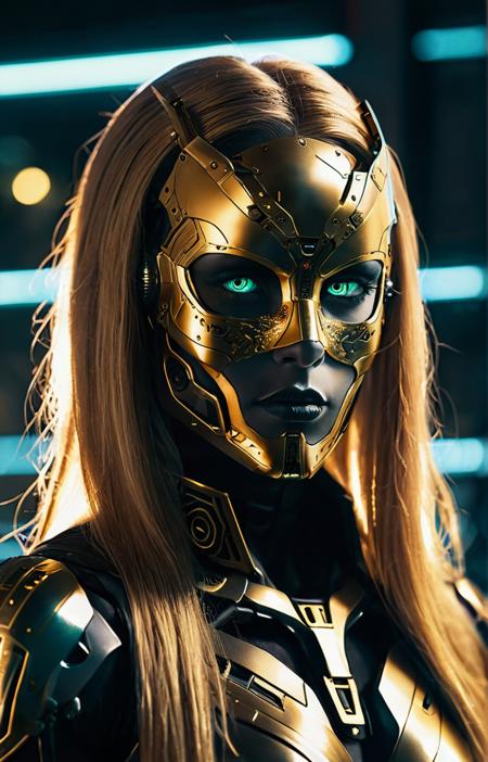 very dark neon lit hangar,cyborg woman,glowing eyes,mask,Gold long hair,looking at viewer,volumetric,particle,complex,intricate,detailed,film grain,side light,Cybercore Aesthetic,ral-ledlights