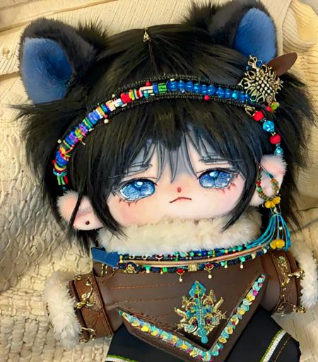 chibi,mianhuawawa,mianhuawawa, 1boy, animal ears, bangs, beads, black hair, blue eyes, brown hair, closed mouth, earrings, fur, fur-trimmed sleeves, fur collar, fur hat, fur trim, gem, hair ornament, hairband, hat, headband, jewelry, looking at viewer, short hair, signature, snow, solo, traditional media, upper body, winter clothes, long sleeves, 1boy, sitting, tail, full body, male focus, lying, pants, cat ears, heterochromia, cat boy, fluffy, yarn<lora:mianhuawawa:1>