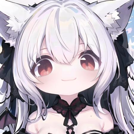 (masterpiece),best quality,highres,stunning art,beautifully painted,colorful,soft lighting,(rim light:1.2),bface,meme,portrait,
,solo,1girl,
,vampire,wings,(bat_wings),white fox tail,(white fox ears:1.2),(black rose:0.8),long hair,white hair,Oil brighten hair,deep red eyes,smile,medium breasts,cleavage,gothic_lolita,frilled dress,(clothes red lace-up:1.4),(lace-up clothes from bust to skirt),black skirt,off shoulder,black elbow gloves, <lora:bface-000017:1>