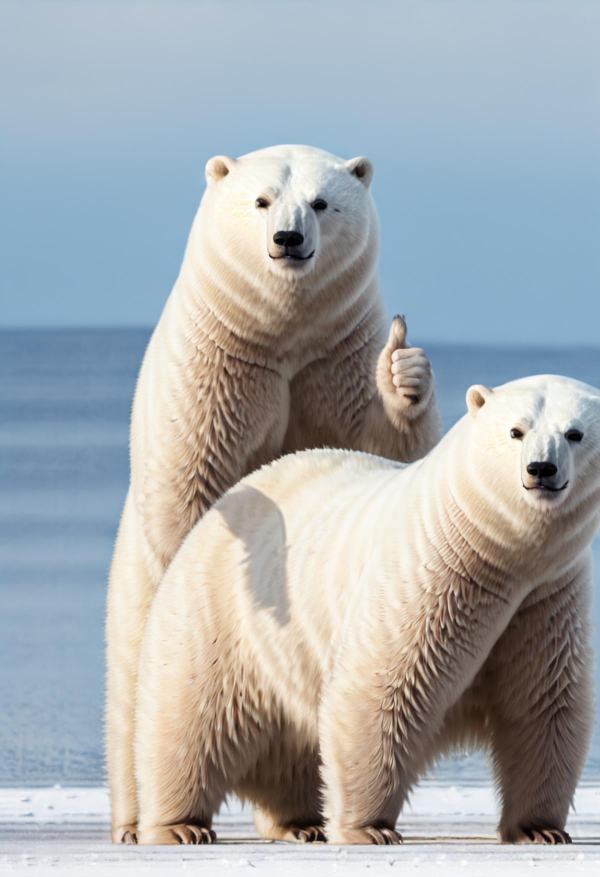 Two polar bears standing on the beach, one giving a thumbs up.