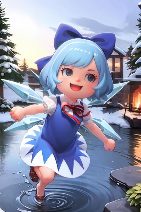 masterpiece, best quality,  <lora:ach02-000010:1>, <lora:cirno:0.8>,chibi,1girl,cirno,hair bow,blue hair,short hair,blue dress,short sleeves, wings,open mouth, smile,outdoors,ice lake,tree,snow