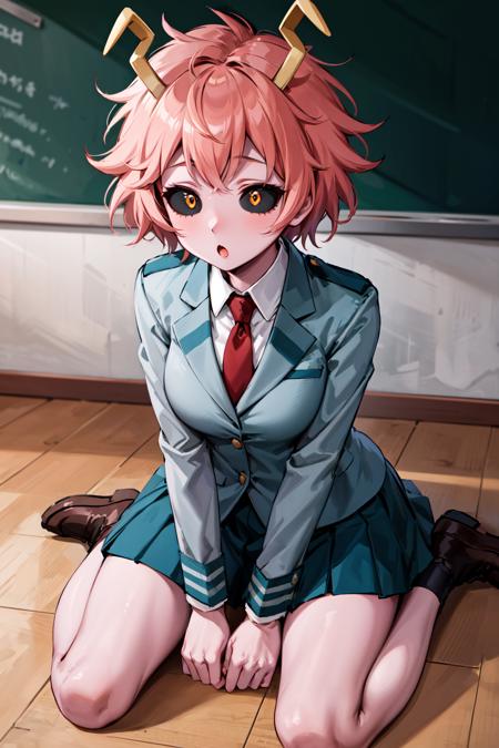 masterpiece, best quality, highres, ashidomina, short hair, horns, (colored sclera:1.1), (black sclera:1.2), pink skin, school uniform, red necktie, collared shirt, blazer, grey jacket, long sleeves, pleated skirt, green skirt, <lora:ashido_mina_v1:0.8>, <lyco:coloredSclera-000010:0.6>, wariza, sitting, classroom, on floor, :o