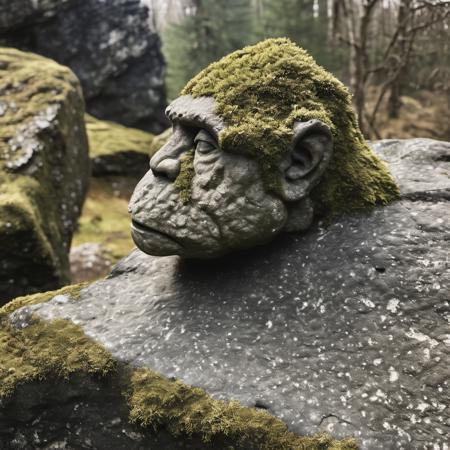 cinematic epic realistic photo,  cinematic film still fantasy monumental  troll stone sculpture, huge muscular, cracked eroded, layered, pbr texture dark sandstone old stone, scratched, erosion, layered, cracked,  mold, simple plain background  <lora:Sandstoneold-SDXL:1.45> mossy . shallow depth of field, vignette, highly detailed, high budget Hollywood movie, bokeh, cinemascope, moody, epic, gorgeous, film grain, grainy, photorealism, golden hour, Crewson style shadowing, 8k resolution, analog color kodak, film grain, neutral colors,