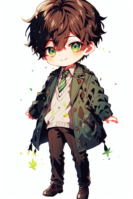 <lora:chibi_anime:1>, 1boy, virtual youtuber, male focus, solo, green jacket, jacket, brown footwear, necktie, brown vest, green eyes, pants, full body, brown hair, yellow necktie, shirt, white background, hair over one eye, vest, smile, looking at viewer, shoes, sleeves rolled up, mole, collared shirt, standing, simple background, black pants, white shirt, closed mouth, bangs, striped, one eye covered, brown pants