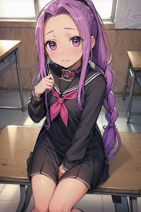 1girl, looking_at_viewer, solo, highres, masterpiece,  <lora:Ana:0.65>, Ana, school uniform, serafuku, (pink hair:0.6), (purple hair:0.7), braided ponytail, small breasts, classroom, closed mouth, embarrassed, (child), (long sleeves),