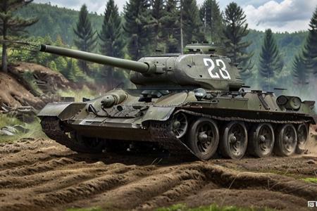 Tan t34 racing down the forest,  shooting, day time, High Detail, Sharp focus, ((photorealism)), realistic, best quality, 8k, side view, sun in the sky