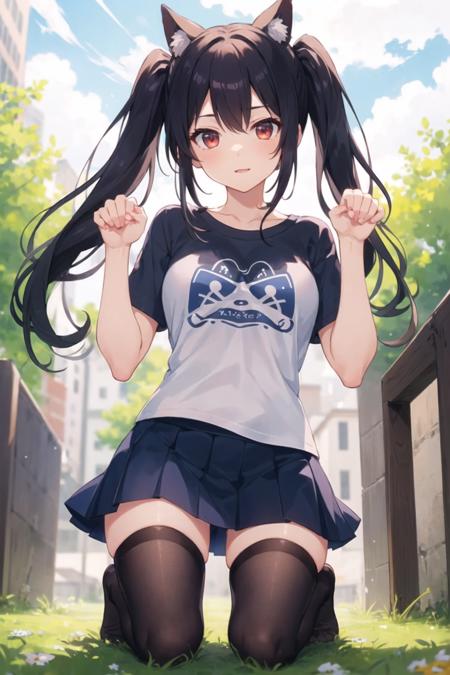 1girl, casual clothes, t-shirt, skirt, twintails, long hair, medium breasts, paw pose, facing viewer, outdoors, kneeling