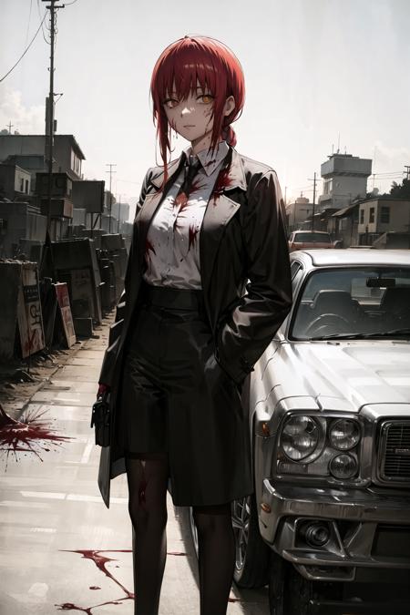 makima \(chainsaw man\), 1girl, bangs, blood, blood on clothes, car, collared shirt, ground vehicle, jacket, long hair, long sleeves, looking at viewer, motor vehicle, pantyhose, shirt, solo, standing <lora:makimav1:0.6>