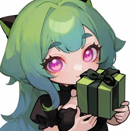 girl, chibi, close up, holding green gift, blue hair, pink eyes,black dress, white background, <lyco:Emotes-remaster-v4:1.0>