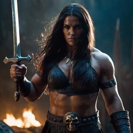 cinematic film still of  <lora:Conan the Barbarian:1.2>  created by Robert E. Howard
Conan the Barbarian a painting of a bodybuilding ribbed shredded woman with a sword, shallow depth of field, vignette, highly detailed, high budget, bokeh, cinemascope, moody, epic, gorgeous, film grain, grainy