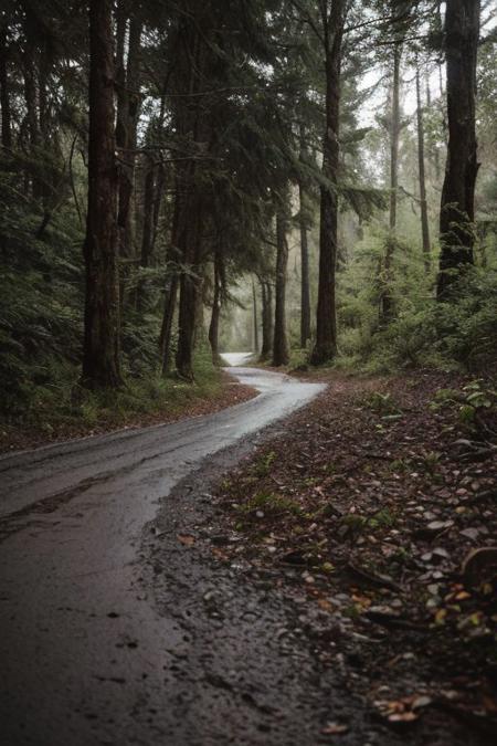 raw photo, a sunset landscape, Valdivian temperate forests, Chilean forest,  cozy, photorealistic, high detailed texture, 8k uhd, dslr, soft lighting, high quality, film grain, Fujifilm XT3, Sony A7 IV, highly detailed photography, (muted colors, cinematic, dim colors, soothing tones:1.2), vibrant, insanely detailed, hyperdetailed, (dark shot:1.2), (vsco:0.3), (intricate details:0.9), (hdr, hyperdetailed:1.2) (highest coherency: 1.39) (highest quality: 1.39) (rule of Thirds) (award winning) (breathtaking) (masterclass) (vibrant color: 0.79) (raining)