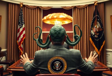 cthulu for president, oval office, mushroom cloud outside window, real photograph, inspector gadget style, photorealistic, correct hands, correct fingers, presidential seal, vote button, campaign photo, election, elegant scene, facing away, sitting