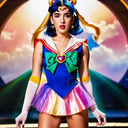 A vibrant photograph of Dua Lipa dressed as sailor moon, sailor senshi uniform, wide-angle lens,wide shot, full body, legs, waist,  ((looking at viewer)), (looking into the camera), front view, detailed face, freckles,amber eyes,  hyper realistic,  natural lightning, perfect shadows, 35mm photograph, film, professional, 8k, highly detailed,from  movie, (cleavage:1.2) , high budget, bokeh, cinemascope, moody, epic, gorgeous, cinemascope, moody, <lora:xl_sailor_senshi_uniform-1.0:1>