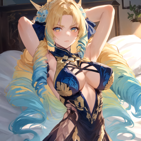 luvia_lordcase2, a woman in blue dress, 1girl, solo, blonde hair, yellow eyes, drill hair, long hair, dress, white boots, blue ribbon, orange eyes,  masterpiece, best quality, perfect face, perfect eyes, indoors, room background, luvia_lordcase2