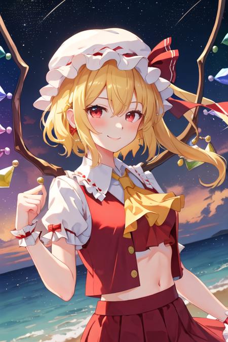 best quality, masterpiece, highres, solo, {night:1.10}, {starry sky:1.10}, beach, beautiful detailed sky, {extremely detailed background:1.20}, {flandre_scarlet_touhou:1.15}, {standing:1.10}, looking at viewer, {bikini:1.30}, blonde_hair, wings, red_eyes, crystal, bangs, hat, one_side_up, ribbon, mob_cap, bow, blush, smile, vest, white_headwear, red_vest, ascot, hair_between_eyes, red_bow, red_ribbon, upper_body, hat_ribbon, yellow_ascot, short_hair, light smile