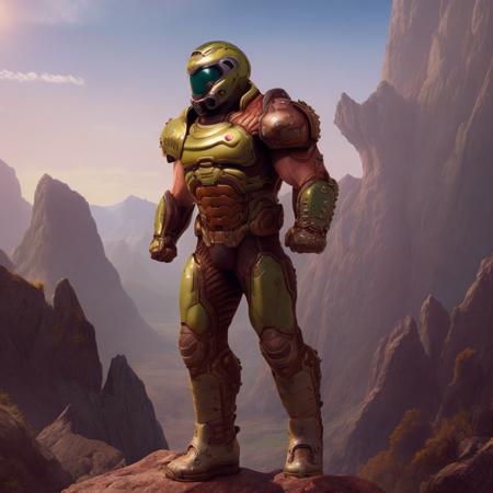 best quality, highres, absurdres, full body, accurate, solo, standing, valley, sunlight, 1boy, armor, clenched fists, boots, helmet, muscular, slayer,  <lora:doomslayer2:1>