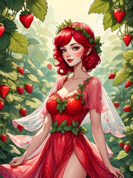 comic beautiful woman wearing a Strawberry (fairy dress) <lora:xl_fairy_dress-1.0:0.8> . graphic illustration, comic art, graphic novel art, vibrant, highly detailed