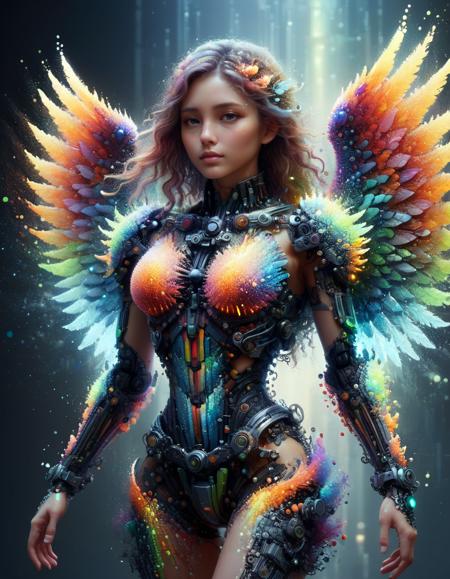 (best quality, masterpiece, colorful, dynamic angle, highest detailed)upper body photo, full body photo, fashion photography of cute mechangel, glowing 4 wings, solo, glowing armor, glowing halo, building, glowing mechanical 4 wings (intricate details, hyperdetailed:1.15), detailed, light passing through hair, (official art, extreme detailed, highest detailed), made of ral-pxlprtcl <lora:ral-pxlprtcl:1>