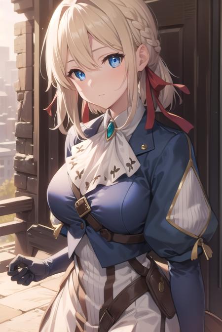 violetevergarden, <lora:violetevergardentest:1>,
violet evergarden, blonde hair, blue eyes, hair ribbon, ribbon, short hair, braids, hair braids, red ribbon, mature female,
BREAK blue jacket, brown gloves, cropped jacket, dress, gloves, green brooch, jacket, juliet sleeves, long sleeves, puffy sleeves, white dress,
BREAK looking at viewer,
BREAK outdoors, city,
BREAK <lora:GoodHands-vanilla:1>, (masterpiece:1.2), best quality, high resolution, unity 8k wallpaper, (illustration:0.8), (beautiful detailed eyes:1.6), extremely detailed face, perfect lighting, extremely detailed CG, (perfect hands, perfect anatomy),