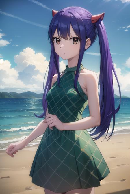 wendymarvell, <lora:wendy marvell-lora-nochekaiser:1>,
wendy marvell, long hair, (brown eyes:1.5), (blue hair:1.5), hair between eyes, twintails, red hair ornament,
BREAK dress, sandals, (green dress:1.5), bare shoulders, armband,
BREAK outdoors, forest, nature, sky, sun, clouds,
BREAK looking at viewer, (cowboy shot:1.5),
BREAK <lyco:GoodHands-beta2:1>, (masterpiece:1.2), best quality, high resolution, unity 8k wallpaper, (illustration:0.8), (beautiful detailed eyes:1.6), extremely detailed face, perfect lighting, extremely detailed CG, (perfect hands, perfect anatomy),