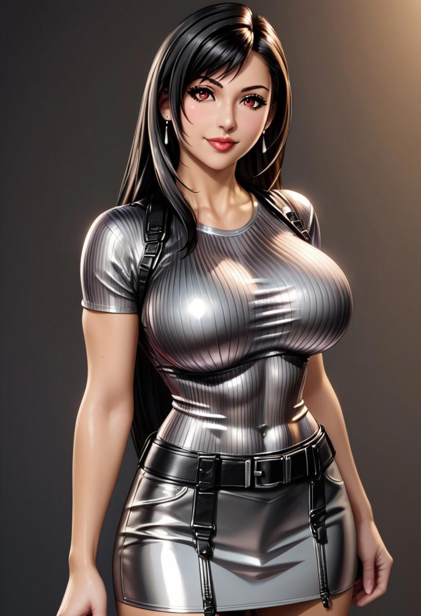 tifa lockhart, final fantasy 7 remake, black hair, red eyes, shinny metallic tshirt with belt in shinny metallic skirt, shiny skin, seductive smile, seductive look, naughty face, 
perfect replica, exact replica, cute, elegant, majestic, detailed, hourglass figure, curvy, 
pretty, beauty, perfect, sexy, seductive, busty, athletic body, muscular body, 
large breasts, firm breasts, perky breasts, ultra realistic, masterpiece, high detailed skin, 
high definition, high quality, anime cgi