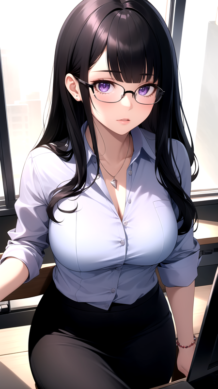 (best quality:1.1), (masterpiece:1.2), high quality shadow, beautiful detailed, beautiful face, detailed eyes, depth of field, highres, best shadow, best illumination, 1girl, looking at viewer, black hair, blunt bangs, long hair, purple eyes, shy, large breasts, skirt, blouse, blazer, pumps, office lady, glasses,