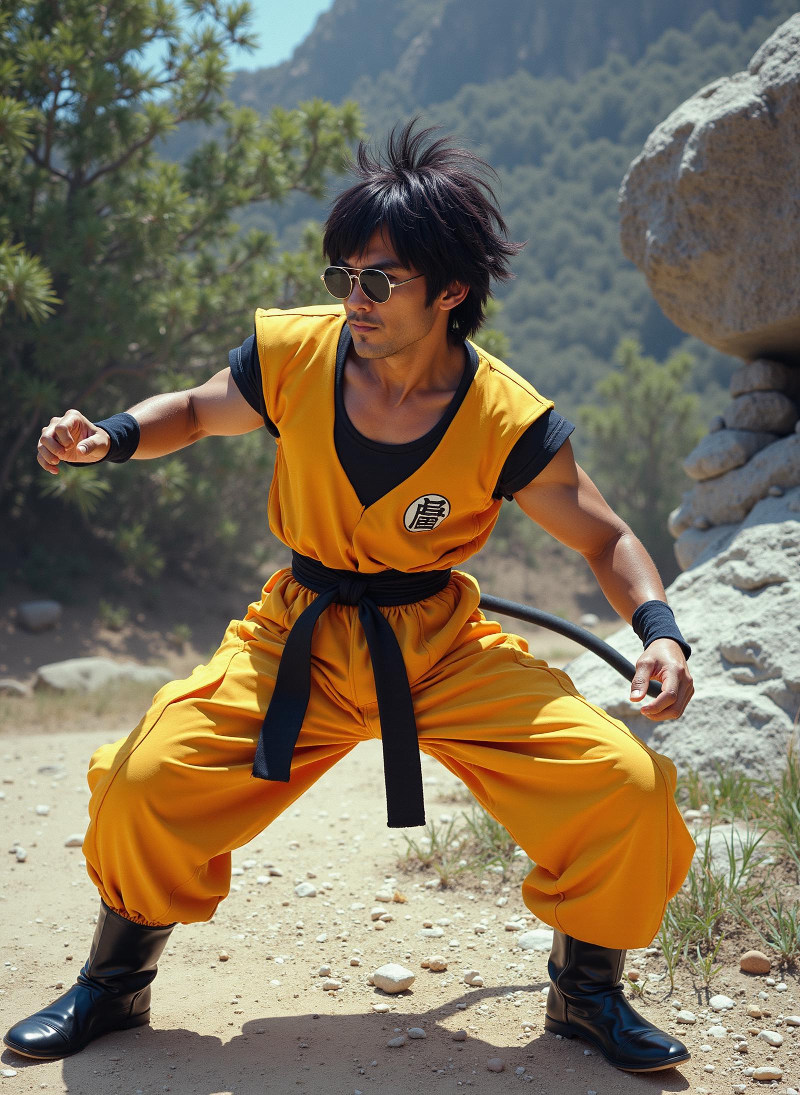 low quality snapshot from 1980, super saiyan Bruce Lee from dragon ball, elegant, full body shot, fighting pose, tail, sunglasses, , 8k, Bruce lee yellow jumpsuit with black stripe