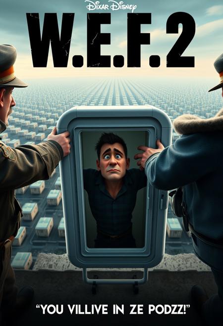 Pixar Disney inspired movie poster, A perfect masterpiece pixar Disney style movie poster of a pixar disney movie called "W.E.F 2", the word (W.E.F 2) is written at the top of poster in large black and white bold intimidating font and the catchphrase sentence "You Vill Live in Ze Podz!" is written in a small font at the bottom of the poster, the poster shows a close up of three highly detailed CGI pixar characters, a slim tired beaten man being shoved violently inside a small prefabricated living-unit by two men in military uniforms as he resists them hopelessly, while in the background thousands countless of other small prefabricated living-units could be seen across the skyline and horizon, dystopian, dark humor, high angle, from above, life-like masterpiece realistic photo, hyper realistic, A photogenic soft scene, digital 4k art, bokeh, depth of field, detailed eyes, 4K, vivid, extremely detailed, perfect anatomy, maximalist, dynamic, absurdres, 8k photography, three point perspective, Ultra-realistic, Hyperrealism, Disney (TM) Pixar (TM)