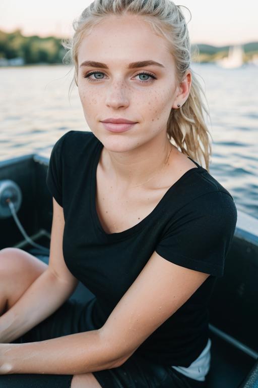 A woman in a black shirt is sitting in a boat and looking at the camera.