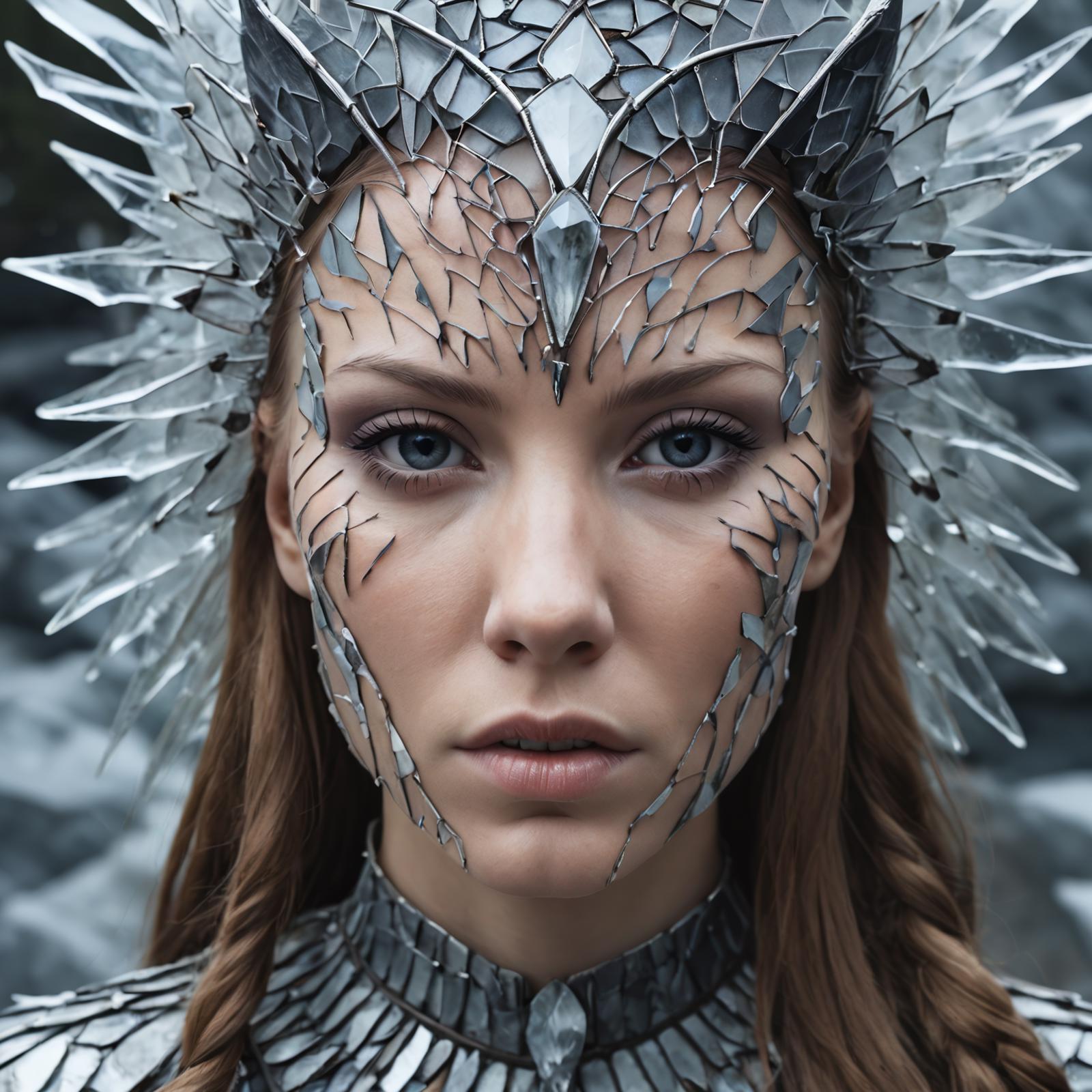 A woman wearing a unique headpiece with silver and blue makeup on her face.