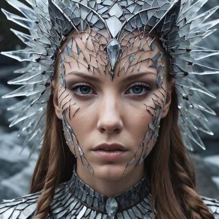 Epic closeup photo insane details of an 25 years old viking woman in a nordic outfit made of glass shards , undefined