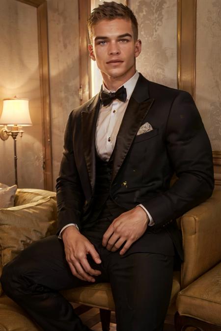 ((masterpiece)), ((best quality:1.2)), High Resolution, 8k, (ultra_realistic:1.3), (photorealistic:1.4), (instagram model, handsome:1.2), sharp focus, a photo of (mitchellslaggertkm), wearing tuxedo in a 5star resort hotel, model look, indoors, chandeliers, expensive furniture, daytime, ((looking at viewer)), <lora:MitchellSlaggertKM:0.8>