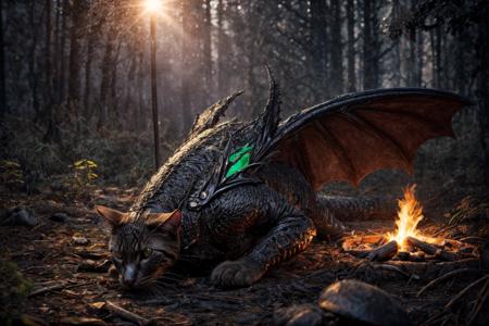(RAW photo, 8k uhd, Analog style, Masterpiece, Best Quality, Highres:1.4), (dramatic, cinematic:1.2), BREAK,
movie shot of hyperdetailed (cat headed:1.35) (dragon:1.3), ((dragon:cat:0.77):1.15), (glowing:1.2) (scales:1.1), (tail:1.0), golden eyes, green (armor:1.25), lying in the detailed ((magic:1.1) forest:1.1), (castle ruins:1.32), (overgrown:1.2), (hill:1.2), (roots:1.05), (mushrooms:1.27), (light particles:1.2), (glowing sparks:1.07), (green magic:1.1), (sunset:1.22), soft lighting, (campfire:1.03), (treasures:1.3), (from side:1.1), BREAK,
(photorealistic:1.2), (intricate:1.4), (light theme:1.4), (mysterious, fabulous, fantasy, mystical:1.3), (hyperdetailed, absurdres:1.2), (colorful:1.3), (no humans:1.4), (elegant:1.1), vertical pupils, (bat wings:1.2), (dragon wings, claws, spikes:1.15), (glowing ornament:1.2), (incredible, amazing, esoteric:1.2), BREAK,
<lora:more_details:1>,
<lora:zoom_slider_v1:2.38>