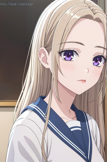 masterpiece, best quality, 1girl, solo, isaku, platinum blonde hair, bangs frame both sides of her face, fair complexion, full pink lips, soft purple eyes, school uniform, navy colored skirt, white shirt, standing, full body, medium breasts