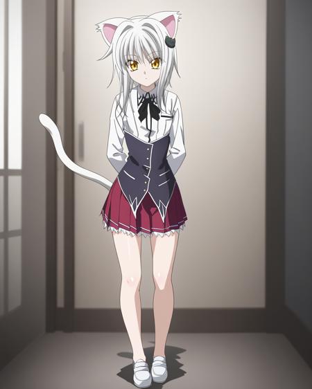 (koneko_tojou, hair ornament, white hair, short hair, yellow eyes, solo, cat hair ornament) (animal ears,cat ears,tail) school uniform