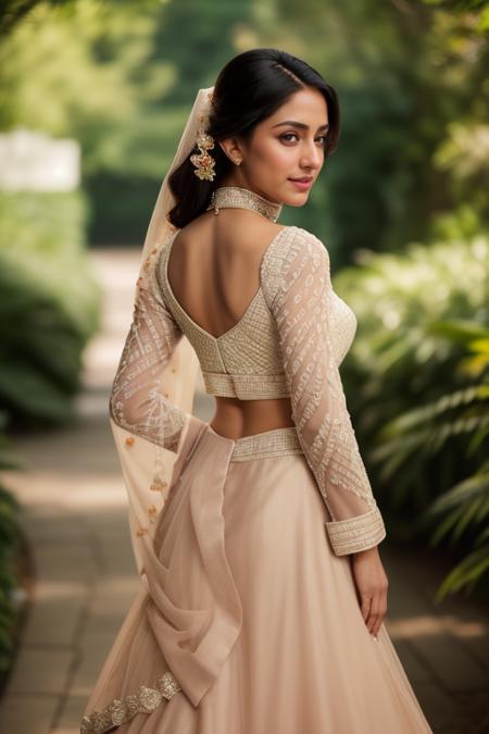 cinematic film still anime artwork p4risa_v2, solo, smile  <lora:Outfit_soph_CholiLehengaDupatta:0.65> vibrant colors, layered lehenga, choli, dr3ss, embroidered, organza, lace, standing, choker ,see-through sleeves, long sleeves,  eyeliner, eyeshadow, makeup, iridescent lips ,beautiful garden, outdoors, high quality, best quality, high detail, 8k resolution, standing, highly detailed, shallow depth of field, vignette, highly detailed, high budget, bokeh, cinemascope, moody, epic, gorgeous, film grain, grainy