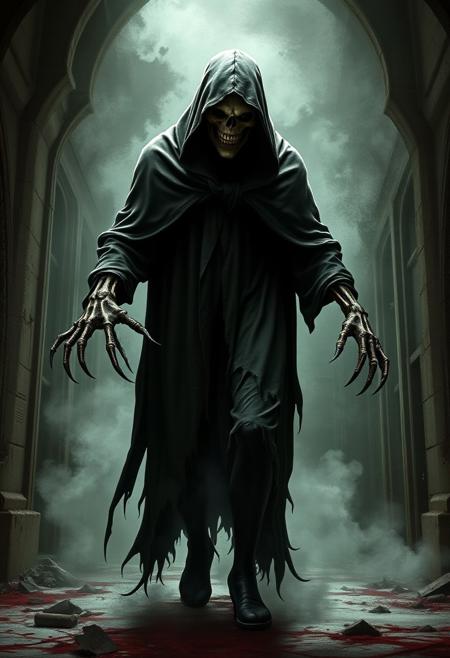 Design a terrifying classic horror villain inspired by iconic monsters of the genre. Picture a tall, shadowy figure with a tattered cloak that drags along the ground, its skeletal hands tipped with razor-sharp claws. The creature's face is obscured by a haunting, porcelain mask cracked with age, revealing glimpses of dark, hollow eyes and jagged teeth. The villain moves with an unsettling, otherworldly grace, blending into the shadows, with mist swirling at its feet. Around it, the air is cold, and an eerie silence follows its steps. Its mere presence evokes dread, as if it’s the embodiment of fear itself, a silent predator lurking just out of sight in a crumbling, gothic mansion.