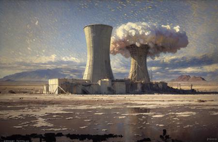 (impressionism:1.1), nuclear_reactor, salt flat, Cliff/Bluff, (jeremy mann:0.9), rural, a painting,scenery,scene painting,
