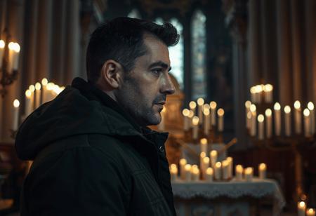 professional photo, side view photo of Caucasian man in front of an altar covered with candles, wearing a dark green parka, serious face, dark features, dramatic lighting, in a dim cathedral interior, lit by candles