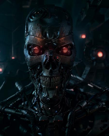 (<lyco:terminator:1.0>cyborg), ((poster movie film)), (RAW photo, real life, absurdres, high quality, photorealistic, detailed, realistic:1.3), (solo:1.3), (((body shot))), a high resolution photo of a robot, with red eyes glow and metal shiny skull face and chrome metal body, eyes looking camera lenses. ((metal feflex fire, flames, fog, smoke and dark background)), cinematic, atmospheric, 4k, realistic lighting, shot by Hassleblad camera, Zeiss lens, 50mm 1.2 lens, Octane Render, ultra realistic, realistic lighting, photorealistic, photorealism, photoreal, unreal engine, highly detailed, intricate detail, fighting in apocalypse, action, blue athmosphere, looking camera,  <lora:terminator:0.2>