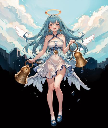 (best quality, masterpiece, highres:1.4), a beautiful illustration of an angel girl, ((she is holding a bell in each hand)), ((bell)), holding,   her angel wings are ((low wings)) connected to her lower back, 
BREAK
 1girl, solo, ((halo, angel wings, feathered wings, angel, white wings, low wings, :1.2))  long hair, white dress,  smile, open mouth, full body, bare shoulders, blue eyes, looking at viewer, hair ornament, holding, halterneck, :d, blue hair, shoes, blue footwear, breasts, bangs,  jewelry, hairclip, small breasts, standing, blush, earrings, criss-cross halter, very long hair, bare arms, sleeveless, sleeveless dress, standing on one leg, white wings, blue wings, , teeth, collarbone,  halter dress, upper teeth only, hands up, no socks, sidelocks, short dress,  bow, blue choker, leg up, ribbon, legs, black footwear,  blue bow,
sky and clouds in background, sky, clouds, daytime, ambient lighting,
BREAK
(bell, bells, holding bell),
cygames, official art, granblue fantasy,
<lora:Bellringerv1:1.1>