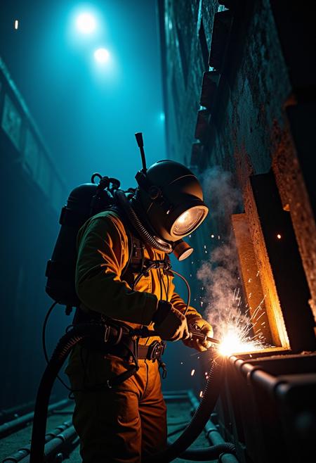 image of underwater welders, ((diving helmet)), warm tinted helmet lens, diving apparatus, high resolution, high quality, best quality, (masterpiece), extremely detailed, repairing a submarine, machinery, shipwreck, hoses, cables, ((steel pipes)), tools, dark foreboding environment, the deep, dark depths, very dark, warm artificial light, deep underneath the surface, night time, steel beams, welding, breathing, underwater, welding light, ((air bubbles)), dramatic light, wide shot