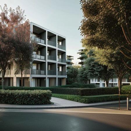 RAW photo of a residential complex of several buildings, surrounded by trees and roads, common garden, 1man, flower, bush, render, matte colored facade, entire building, wide shot, architectural view, 8k uhd, dslr, soft lighting, high quality, film grain, Fujifilm XT3,  <lora:lan_architecture_visualization:0.82>