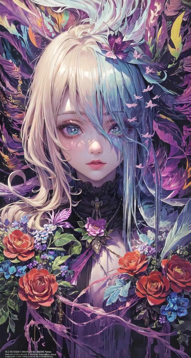 A beautifully drawn portrait of a woman with blue and purple hair, surrounded by flowers.